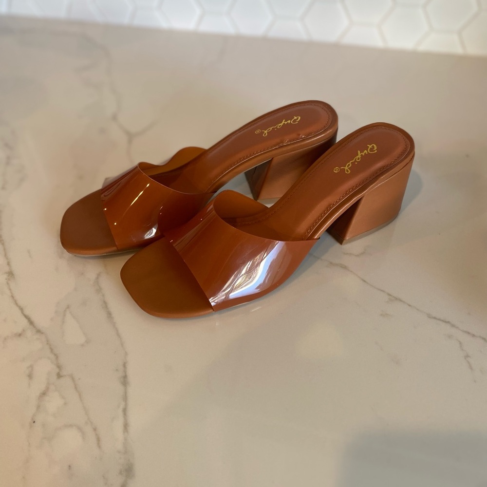 NIB Quipid Katen Transparent Open Toe Cognac Block Heel Sandal - Picture 6 of 16